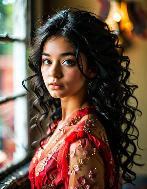 An award winning portraiture photo of an astonishingly beautiful 18 year old woman with Black hair