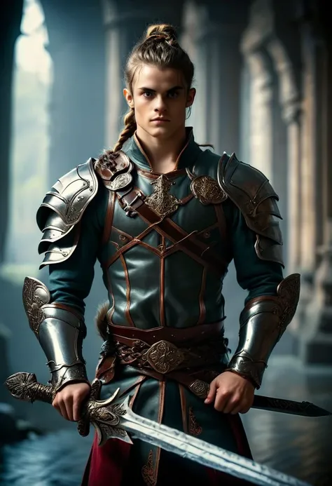 ((raw photo)),((full body shoot:1.3))  (wide angle), ((focus on character)),  photo of fantasy   young man from nords  with Friendly Mutton Chops and    Fishtail braid hairsytlerage  he  is a warrior  in full plate armor , with ((sword )) ,  BREAK, perfect detailed face, intricated skin,   realistic, ((photorealistic)) rim lights, dark shadows, cinematic scene , movie shoot  , dark, zPDXL  , , defined muscles, extremely detailed, glass reflection, dark shadows, detailed hands, (realistic fingers:1.3), hard light hard shadows, ,vellus,subcutaneous veins,, shallow depth of field, vignette, highly detailed, high budget Hollywood film, cinemascope, moody, epic, gorgeous, expolsions in background ,  darkfull , bare feets , detailed  realistic toes