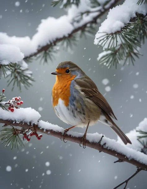 Robin in snowy tree, highly detailed, dynamic composition, dramatic cinematic light, aesthetic, very inspirational, glowing, rich deep colors, winning, color, beautiful scenic, futuristic, fantastic, thought, epic, sharp focus, creative, fine new, great grand, artistic, clear, perfect, attractive, cute, intricate, elegant, wonderful, lovely, pretty, background, ambient