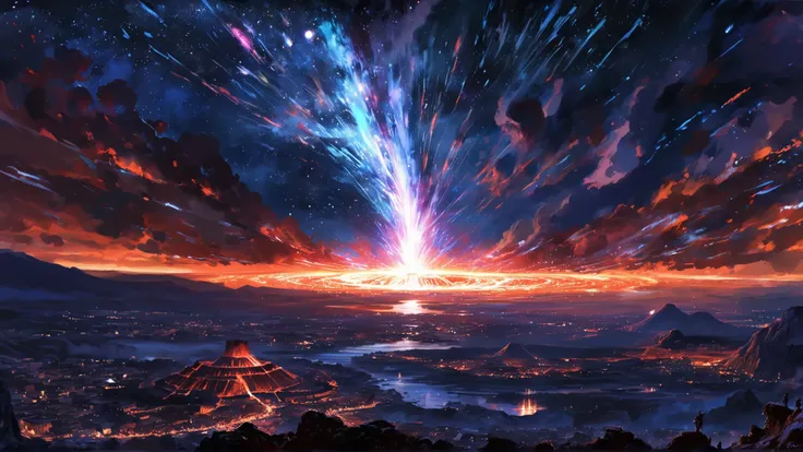Color splash, landscape of a (Pompeii:1.1) and Aztec Cosmic background radiation, Fiery, Snowing, stylized by Waterhouse, John Constable, Ed Blinkey, Atey Ghailan, Studio Ghibli, Jeremy Mann, Greg Manchess, Antonio Moro and makoto shinkai, Relieving, Supermassive black hole, anime sketch, (best quality, HD, ~+~aesthetic~+~:1.2)