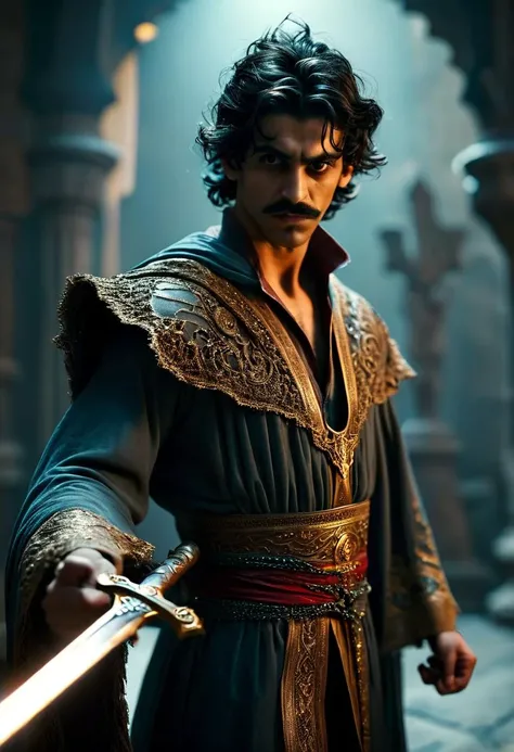 ((raw photo)),((full body shoot:1.3))  (wide angle), ((focus on character)),  photo of scarry   young man from Middle Eastern   with Zappa Mustache and    Blunt cut hairsytlemad face   he  is a warrior  in necromancy robe, with ((magic sword)) ,  BREAK, perfect detailed face, intricated skin,   realistic, ((photorealistic)) rim lights, dark shadows, cinematic scene , movie shoot  , dark, zPDXL  , , defined muscles, extremely detailed, glass reflection, dark shadows, detailed hands, (realistic fingers:1.3), hard light hard shadows, ,vellus,subcutaneous veins,, shallow depth of field, vignette, highly detailed, high budget Hollywood film, cinemascope, moody, epic, gorgeous, expolsions in background ,  darkfull , bare feets , detailed  realistic toes