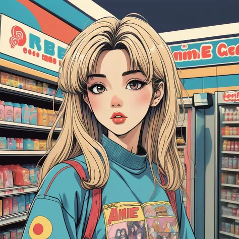 In the style of 90's vintage, anime art of a model inside a convenience store, Detailed art, Fine line art 90's vintage anime