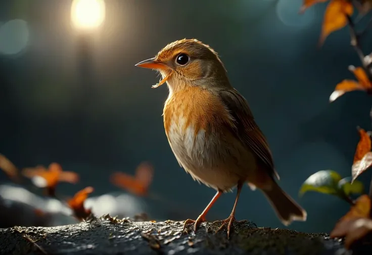 ((raw photo)), cinematic film still , European Nightingale (Luscinia megarhynchos): A small, unassuming bird with a melodious and enchanting song that fills the night air during the breeding season. The plumage is plain, with a brownish-gray body and a warm orange-brown breast.  ,animal,  realistic, ((photorealistic)) rim lights, dark shadows, cinematic scene , movie shoot  , dark, zPDXL ,  ,  extremely detailed, glass reflection, dark shadows, detailed hands, (realistic fingers:1.3), hard light hard shadows,, shallow depth of field, vignette, highly detailed, high budget Hollywood film, cinemascope, moody, epic, gorgeous,