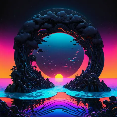 in the style of artgerm, comic style,3D model, mythical seascape, negative space, space quixotic dreams, temporal hallucination, psychedelic, mystical, intricate details, very bright neon colors, (vantablack background:1.5), pointillism, pareidolia, melting, symbolism, very high contrast, chiaroscuro