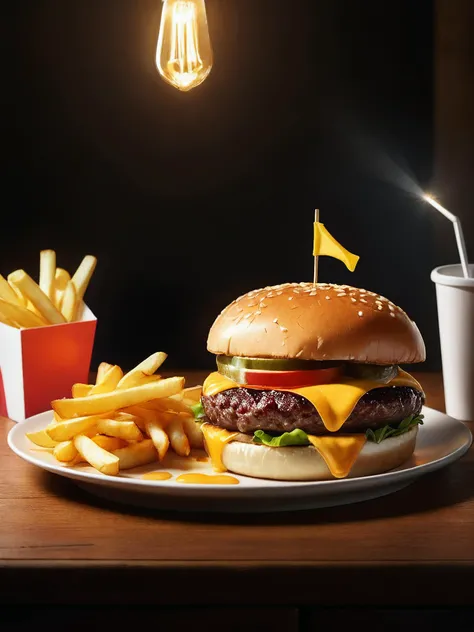Generate an image that captures the tantalizing allure of a delicious hamburger with melting cheese and a sizzling patty, accompanied by a side of crispy fries. The scene is set in a dimly lit setting, with the hamburger dramatically illuminated by a spotlight, making it look incredibly appetizing and pleasing to the eye. The image should be reminiscent of Akira Toriyama's distinctive art style, known for its vibrant colors, bold lines, and dynamic compositions.