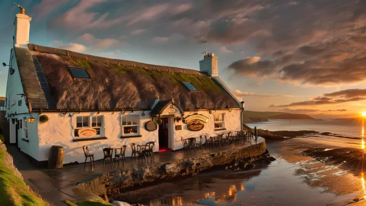 An award winning panoramic vista of a humble Irish pub on the coast at sunset