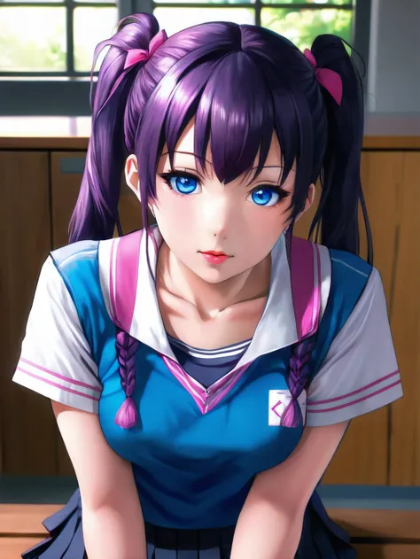 (Soft Anime), Sexy schoolgirl, schoolgirl sexy uniform, magenta violet twin tails, blue eyes, pink lips, round face, 20s, ((realistic)), blue T-shirt with cleavage, (skinny petite figure), med smaller chest, seat on a bench in boys lockers room indoor, seductive, ((face portrait)), face close-up , anime masterpiece, soft lighting, intricate, highly detailed, pixiv, anime art, 4k, art from your name anime, garden of words style art, high quality