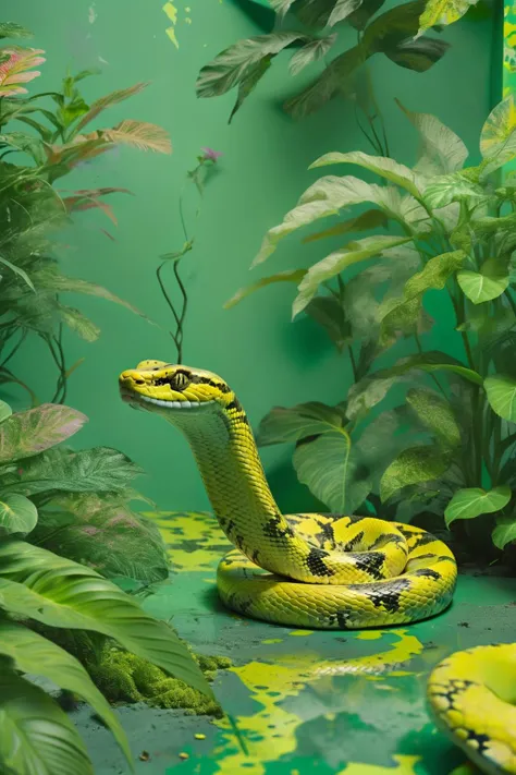 Timor python through 'Hallucinogenic Illusion', a style capturing the merge ofquantum garden with surreal and vibrant plant life in a cosmic setting with lush greenery, in concrete yellow and jungle lime