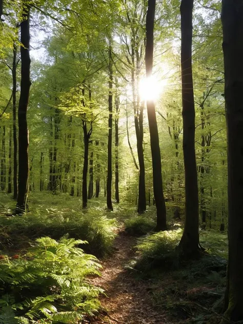 Erstelle ein Bild, das die friedliche Schönheit einer stillen Waldlichtung einfängt, die im sanften, goldenen Licht der untergehenden Sonne gebadet ist.
