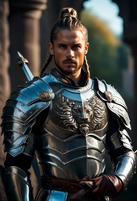 ((cinemtic shoot)) ((fantasy)) , ((rpg)),   ((focus on character)),  photo of   1 man with Tailback Beard and    Cornrows hairsytle  from nords , as knight - plate armor with lion  pattern, sharpens the sword, large sword in hand, clera face, majestatic , envy  BREAK, perfect detailed face, intricated skin,   realistic, ((photorealistic)) rim lights, dark shadows, cinematic scene , movie shoot  , dark, , defined muscles, extremely detailed, glass reflection, dark shadows, hard light hard shadows, ,vellus,subcutaneous veins,, shallow depth of field, vignette, highly detailed, high budget Hollywood film, cinemascope, moody, epic, gorgeous, detailed background ,  ((darkfull )) , detailed  realistic toes