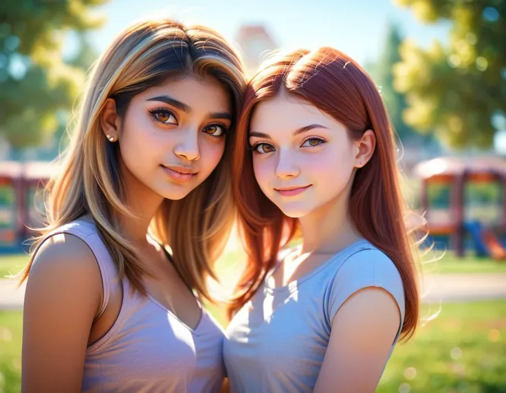 Two beautiful young women standing next to each other in a park - SeaArt AI