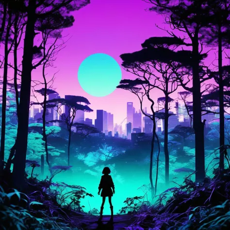 A silhouette of hentai in a neo-tokyo, blending with a forest, in the style of claymation, using double exposure techniques. The colors should be a gradient of light purple and cyan, creating a depressed atmosphere. The composition should be Asymmetrical, with a strong emphasis on [circles], set against a [bold] background, (best quality, HD, "~*~aesthetic~*~":1)