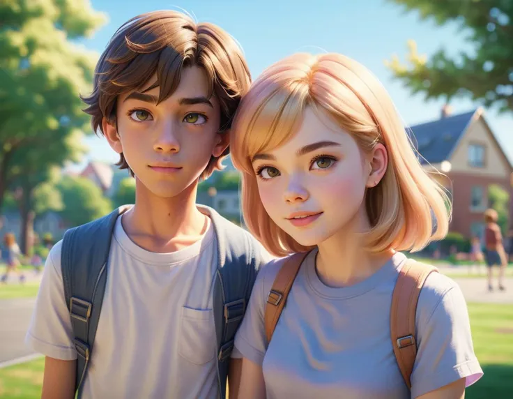 teenage boy with teenage girlfriend, best friends, love, blushing, close-up, sunny weather, suburbs in the background, empty playground, bokeh, best quality, HD, extremely detailed, 8K, character design, concept art, realistic, trending on artstation, by Hayao Miyazaki and Thomas Kinkade