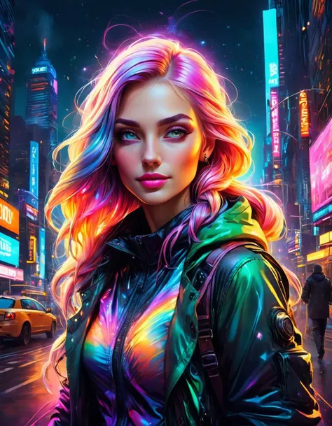 Ink illustration, a beautiful woman painted on wall with light, full body, gentle smile, nice, friendly, wind, stunning beauty, soft light, colorful hair, punk, wearing a parka, bold line art, glowing lips, lips closed, natural style, braids, absurdly long hair flowing around, neon colors, Times Square, detailled iris, , detailled eyes, ink stains, ink splatters, ink runs, ink spots, faded ink linquivera, Ink illustration, a beautiful woman painted on wall with light, full body, gentle smile, nice, friendly, wind, stunning beauty, soft light, colorful hair, punk, wearing a parka, bold line art, glowing lips, lips closed, natural style, braids, absurdly long hair flowing around, neon colors, Times Square, detailled iris,, detailled eyes, ink stains, ink splatters, ink runs, ink spots, faded ink linquivera, intricate, highly detailed, very aesthetic, sharp focus, cool color, artistic, enhanced quality, bright vibrant, inspired, rich deep vivid, extremely attractive, complex, elegant, luxury, amazing, epic, cinematic, singular, brilliant, thought