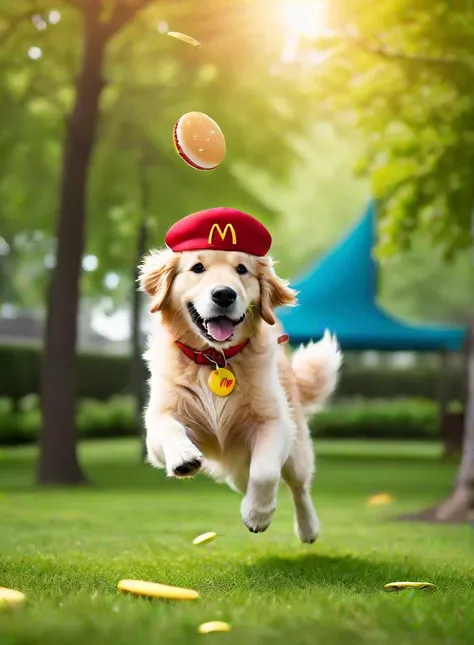 Imagine a medium-sized, fluffy Golden Retriever wearing a perfectly tailored McDonald's uniform, complete with a tiny cap. The dog is in mid-air, exuding joy and athleticism as it's about to catch a brightly colored, McDonald's-themed frisbee. The scene is set in a sunny park with a blur of greens and blues in the background, suggesting a vibrant and lively atmosphere. The lighting is soft yet vivid, highlighting the dog's fluffy fur and the crisp colors of its uniform. This image captures a moment of pure delight, presenting a whimsical and playful scene in high definition, (best quality, HD, "~*~aesthetic~*~":1.0)