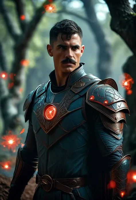 ((cinemtic shoot)) ((fantasy)) , ((rpg)),   ((focus on character)),  photo of   1 man with Pencil Mustache and    Choppy haircut hairsytle  from hist (argonian sentient trees) , as Warlock - wear glowing magic armor with mystery letters, magic circles in air, casting magic, magic gests, glowing red  circles, intricated, , rage  BREAK, perfect detailed face, intricated skin,   realistic, ((photorealistic)) rim lights, dark shadows, cinematic scene , movie shoot  , dark, , defined muscles, extremely detailed, glass reflection, dark shadows, hard light hard shadows, ,vellus,subcutaneous veins,, shallow depth of field, vignette, highly detailed, high budget Hollywood film, cinemascope, moody, epic, gorgeous, detailed background ,  ((darkfull )) , detailed  realistic toes