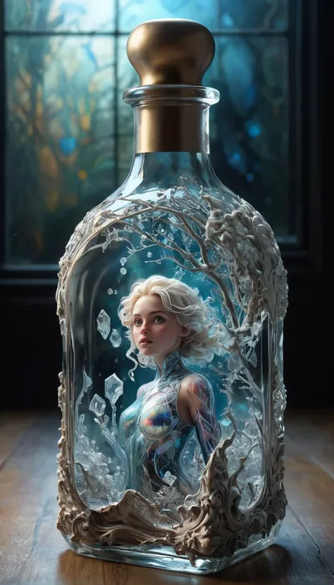 detailed girl face, Close up of a stunning crystal clear stained glass bottle with small frozen woman figurine, intricate and hyperdetailed photorealistic digital painting by Wadim Kashin and Alberto Seveso and Marc Simonetti and Jeremy Geddes and Gediminas Pranckeviciu, artistic art, album cover art, amazing depth, magical aurora light, filigree motif, perfect balanced styles, beautiful and impressive masterwork by head of prompt, hyperkraximalism