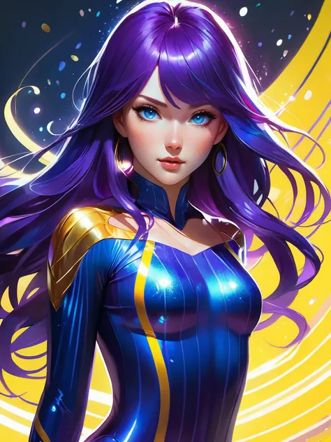 digital art drawing, illustration of (long dark glowing purple hair, female, deep blue eyes, high-gloss blue long sleeve glitter leotard with yellow stripes, water powers, petticoat), high detail, 8k render, trending on artstation, art by artgerm and greg rutkowski and alphonse mucha, art by ross tran and makoto shinkai and wlop, fantasy art, d&d!, ilya kuvshinov!, intricate elegant, highly detailed, digital painting, concept art, smooth, sharp focus, illustration, beautiful sunlight and shadows, art by artgerm, artstationhd, artstationhq. intricate, elegant, extremely detailed digital painting. elegant, cinematic lighting, art by artgerm and wlop and rossdraws