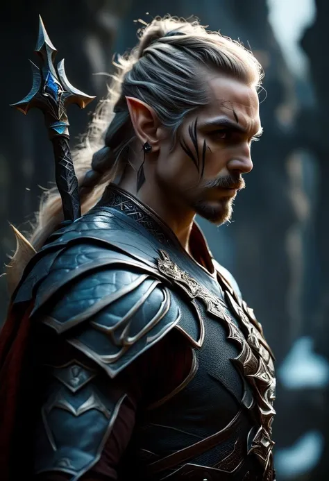 ((cinemtic shoot)) ((fantasy)) , ((rpg)), ((focus on character)), photo of 1 man with Goatee and Half-up, half-down hairstyle hairsytle from dark elves (dunmer) , as blademaster - strong, fit, muscular body, bare chest, hold elven sword in hands, intricated blade, magic symbols, glowing eyes, , rage BREAK, perfect detailed face, intricated skin, realistic, ((photorealistic)) rim lights, dark shadows, cinematic scene , movie shoot , dark, , defined muscles, extremely detailed, glass reflection, dark shadows, hard light hard shadows, ,vellus,subcutaneous veins,, shallow depth of field, vignette, highly detailed, high budget Hollywood film, cinemascope, moody, epic, gorgeous, detailed background , ((darkfull )) , detailed realistic toes
