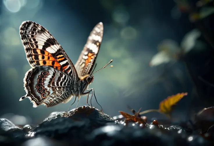 ((raw photo)), cinematic film still , European Grayling (Hipparchia semele): A striking butterfly with distinctive gray and brown patterns on its wings. The wingspan can reach up to 6-7 centimeters, showcasing intricate details. ,animal, realistic, ((photorealistic)) rim lights, dark shadows, cinematic scene , movie shoot , dark, zPDXL , , extremely detailed, glass reflection, dark shadows, detailed hands, (realistic fingers:1.3), hard light hard shadows,, shallow depth of field, vignette, highly detailed, high budget Hollywood film, cinemascope, moody, epic, gorgeous,