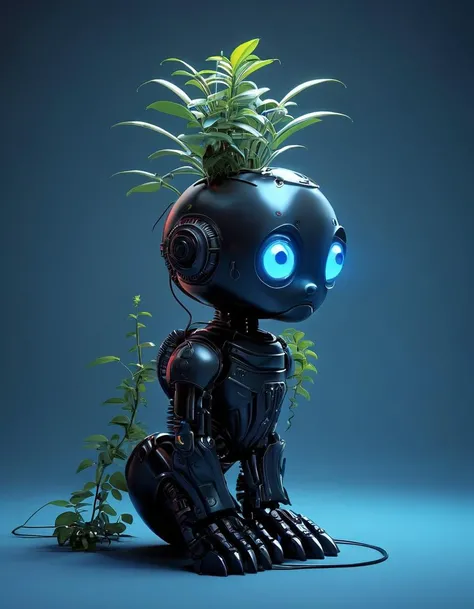the cover art of rood magazine ANDROID has a living plant, a worm, and a glowing orange_and_green light, in the style of conceptual portraiture, made of rubber, futuristic robots, elina karimova, light black, technology-based art, oversized objects --s 500 --ar 4:5 --v 6.0 --style raw