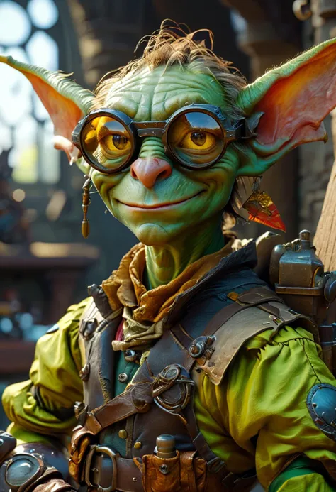 masterpiece, best quality, 8k, professional , by famous artist , trending on artstation, intricated details, detailed, realsitic, boekh , photorealistic, dark shadows, natural light, dramatic, source_realistic, zPDXL, Gazlowe - The Goblin Tinker, a clever and inventive goblin engineer, wearing goggles and a toolbelt.