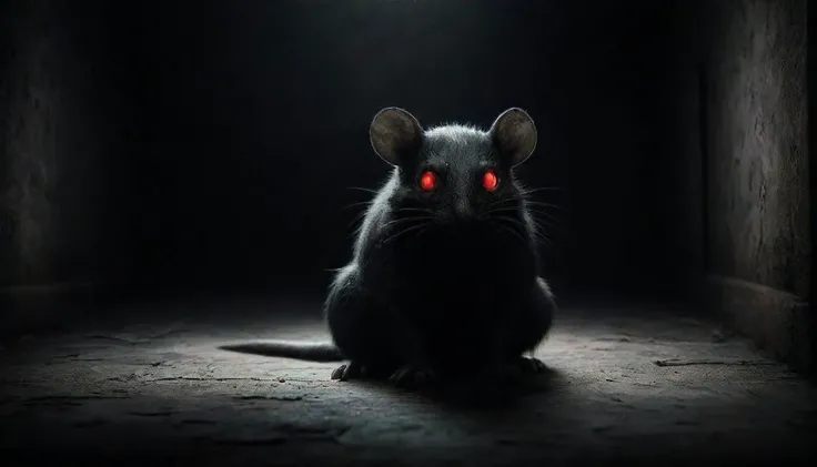ais-crsd rat, with red glowing eyes, in cute bedroom, lurking in the darkness