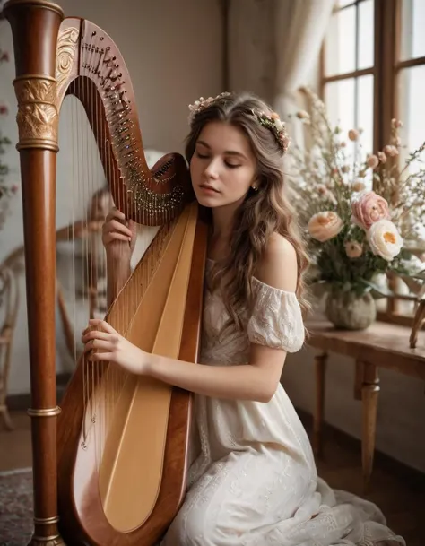 beautiful girl with rough brown hair playing the harp in a unique position, small flowers in the background, beautiful decorative intricate detail, gentle, expressive, sharp focus, vivid, very inspirational, colorful, elegant, bright colors, divine, light, futuristic, magic, professional, highly detailed, clear, cinematic, great composition, dynamic, illumination, atmosphere, rich vibrant color