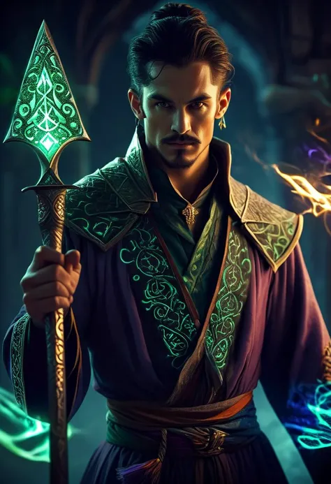 ((cinemtic shoot)) ((fantasy)) , ((rpg)), ((focus on character)), photo of 1 man with Extended Chin Strap and Layered haircut hairsytle from maormer , as Wizard- wear long robe with intricated patterns glowing in the dark, magic symbols and runes, glowing purple green tattoo, holding intricated dagger maded by large tusk, white, patterns , smile BREAK, perfect detailed face, intricated skin, realistic, ((photorealistic)) rim lights, dark shadows, cinematic scene , movie shoot , dark, , defined muscles, extremely detailed, glass reflection, dark shadows, hard light hard shadows, ,vellus,subcutaneous veins,, shallow depth of field, vignette, highly detailed, high budget Hollywood film, cinemascope, moody, epic, gorgeous, detailed background , ((darkfull )) , detailed realistic toes