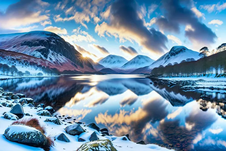 An award winning panoramic vista of a Scottish Loch at sunset