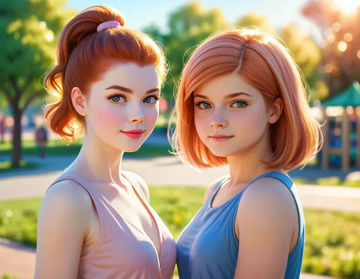two beautiful young women that are best friends, blushing, close-up, sunny weather, suburbs in the background, empty playground, bokeh, best quality, HD, intricate, beautiful, trending on artstation, deviantart, pinterest, by artgem