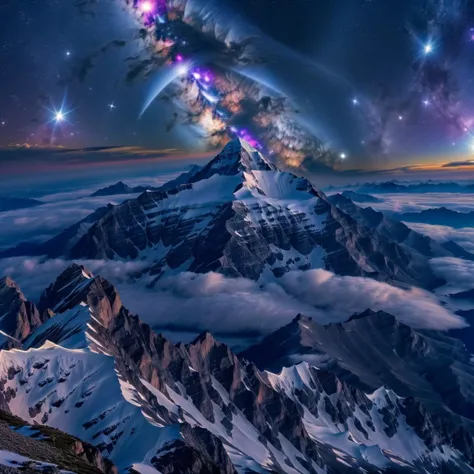 celestial mountain peak meditation retreat with cosmic energy, best quality, HD, ~*~aesthetic~*~