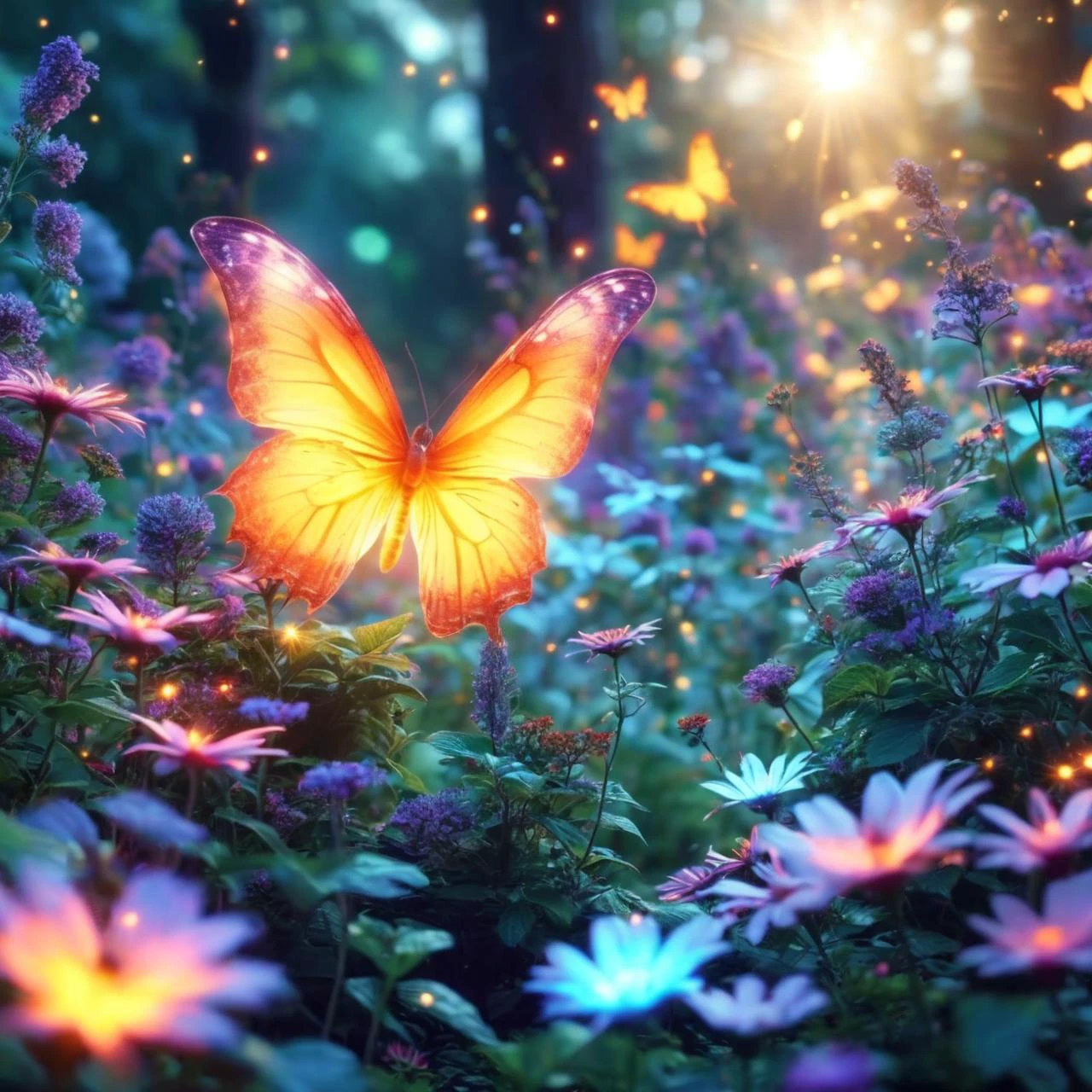 ethereal butterfly garden with glowing wings, best quality, HD, ~*~aesthetic~*~