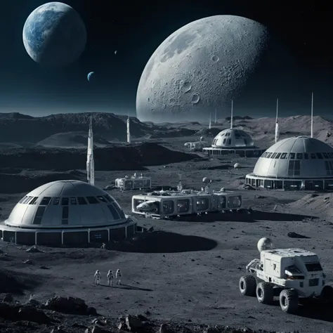 cinematic film still lunar outpost with earthrise in the background and futuristic structures, best quality, HD, ~*~aesthetic~*~, shallow depth of field, vignette, highly detailed, high budget Hollywood film, cinemascope, moody, epic, gorgeous, 