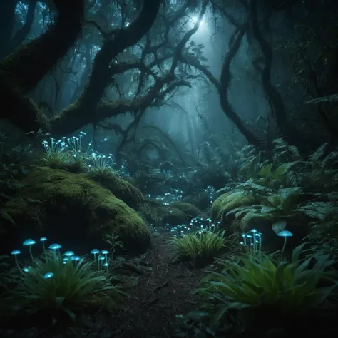 cinematic film still ethereal forest with magical creatures and bioluminescent plants, best quality, HD, ~*~aesthetic~*~, shallow depth of field, vignette, highly detailed, high budget Hollywood film, cinemascope, moody, epic, gorgeous, 