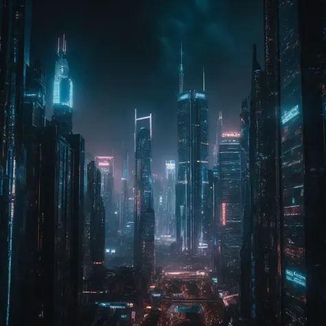 cinematic film still cyberpunk skyline with towering holographic skyscrapers, best quality, HD, ~*~aesthetic~*~, shallow depth of field, vignette, highly detailed, high budget Hollywood film, cinemascope, moody, epic, gorgeous,
