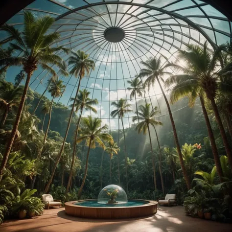 cinematic film still tropical oasis in a holographic dome, best quality, HD, ~*~aesthetic~*~, shallow depth of field, vignette, highly detailed, high budget Hollywood film, cinemascope, moody, epic, gorgeous,