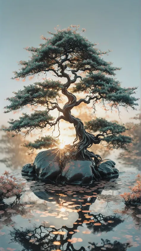 ink illustration, ink stains, ink splatters, ink runs, ink spots, faded ink, dramatic bonsai tree, plant on black reflective surface, sunrise, detailed, amazing natural lighting, earthy pastel colors, weeping for the lost children, symmetrical fractal pattern, linquivera 4k, best quality, HD, ~*~aesthetic~*~,