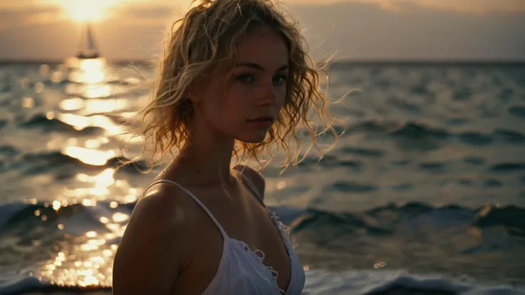 18 years old girl, small breasts, photography of a beautiful girl, (((topless))), white g-string, shot at eye level, shot with a Leica M3,50mm, (detailed skin), blonde hair, short hair, wavy hair, (sailing:1.3), hands on the helm steering, sweaty, silhouette, spotlight, dark theme, open sea,subcutaneous veins,skin fluff,fine wrinkles,high contrast,best Ray tracing, light and shadow play,highly detailed,24mm photograph, film, bokeh, professional, 4k, best quality, HD, ~*~aesthetic~*~,