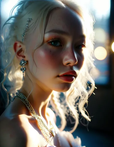 extreme close up, focus on natural breasts, Asian albino, (((perfect white skin))), solo, perfect small tear-drop white breasts, jewelry, nude, piercing, close-up, focus on breasts, realistic,perfect skin, subcutaneous veins,skin fluff,fine wrinkles,high contrast,best Ray tracing, light and shadow play,highly detailed,24mm photograph, film, bokeh, professional, 4k, Rembrandt Lighting Style ,fit,hard sunlight, hard shadows,21 year old