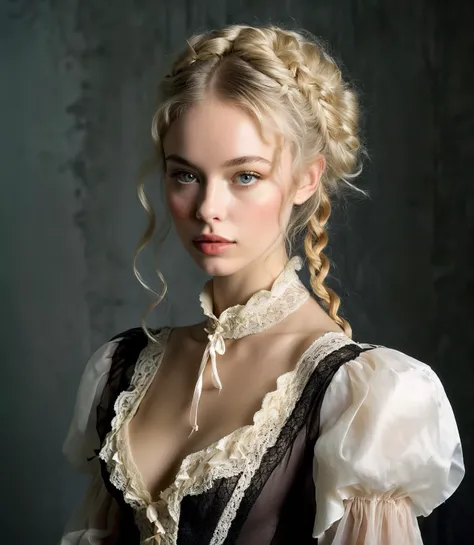 ((Aerial Perspective shot)),by Hegre,  ( cute, petite ), slender, european, pale cheeks, square face shape with angular jaw, natural "no-makeup" makeup, small breasts, deep V-line, platinum blonde hair , knotless braid hairstyle , wearing Ruffled Victorian-inspired blouse with a high collar and lace insets , Ball Gown Skirt , body-shaping pantyhose and t-strap heels ,