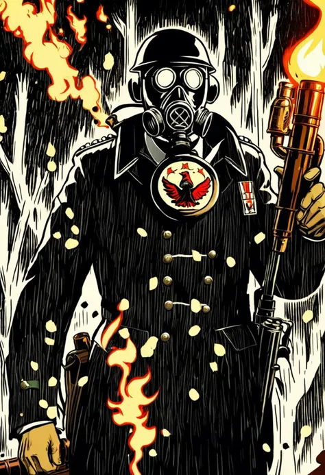 masterpiece, perfect quality picture, sincity comix style: WW1 soldier with gas mask holding a flamethrower. Black uniform with eagle sign. Body armor. In dark city. sincity comix style Cinematic, dark mood, high resolution,, detailed background, detailed face, outdoor light, Cinematic Lighting, bokeh Apply a retro LUT for a retro look