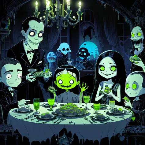 The Addams Family portrait (Depict ghouls feasting on a creepy banquet) (Chibi anime style) score_9, score_8_up, score_7_up, BREAK, 1boy, techwear, light smile, full body, black hair, monochrome, backlighting, close-up, blue eyes, lime green Apply a retro LUT for a retro look. Macabre, kooky, mysterious, and spooky family