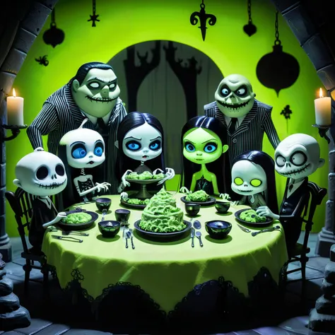 The Addams Family portrait (Depict ghouls feasting on a creepy banquet) (Chibi anime style) Nightmare before Christmas, light smile, full body, black hair, monochrome, backlighting, close-up, blue eyes, lime green Apply a retro LUT for a retro look. Macabre, kooky, mysterious, and spooky family