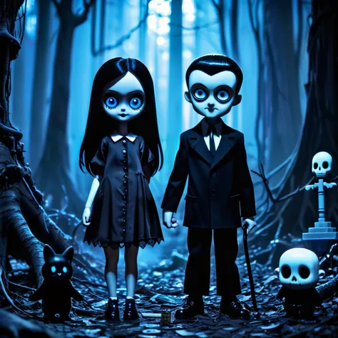 The Addams Family portrait (Create a scene in a dense, haunted forest) (Chibi anime style) score_9, score_8_up, score_7_up, BREAK, 1boy, techwear, light smile, full body, black hair, monochrome, backlighting, close-up, blue eyes Apply a retro LUT for a retro look. Macabre, kooky, mysterious, and spooky family