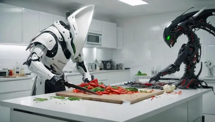 electalien artstylein a new film, Homemade film footage of cooking dinner. The scene takes place in a white kitchen. is using a knife to chop vegetables. the vegetables are red and green. <lora:Electric Alien - Trigger is ElectAlien Artstyle:1>