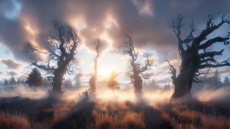 highly detailled, realistic render, intricate, cinematic lighting, volumetric lighting, fog, 8k resolution, of field of view of dead trees with sun rays casting through it and clouds and dusk, ultra wide angle, by Greg Rutkowski, Alex Grey and James Gurney, trending on Artstation, masterpiece, digital art, Key Art, Fantasy Illustration, Fantastic lighting, intense atmosphere, perfect graphic detail, perfect skin, realistic, volumetric clouds falling dust, sharp focus