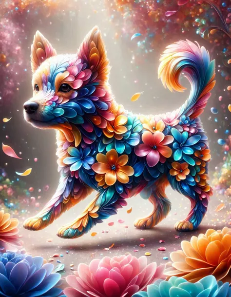 cute puppy dog, pop art, by Tristan Eaton, natural lighting, award winning, made out of iridescent flower petals, p1nk1r1fl0wers, Running in a magical park, professional fine composition, highly contrasted, extremely stylish, dynamic dramatic composition, highly detailed, full color, fine artistic composition, stunning, made out of iridescent flower petals, fl0w3rs