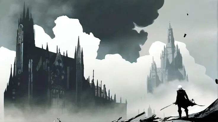 highly detailled, esthetic by Dustin Nguyen, Akihiko Yoshida, Greg Tocchini, Greg Rutkowski, Cliff Chiang, 4k resolution, nier:automata inspired, bravely default inspired, vibrant but dreary red, (black and white color scheme:1.33) ((Dark gothic cathedral background)) ((A lone man standing alone)) of in front of a dystopian brutalist building, dark smoke rising into the sky, An obsidian mountains rolling hills and black holes growing off the ground, Concept