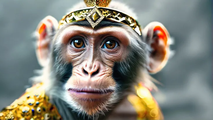 highly detailled, portrait photography of a monkey wearing a golden crown, high contrast, 105mm f2.8, composition by Natalie Große and Moriyama, dramatic lighting by Annie Leibovitz and Zhang Kechun, trending on instagram, 4k, 8k, HD, full color, accurate faces, good focus, octane render, masterpiece work, award winning, chromatic aberration, golden hour, masterplanning down center, backlit black and white